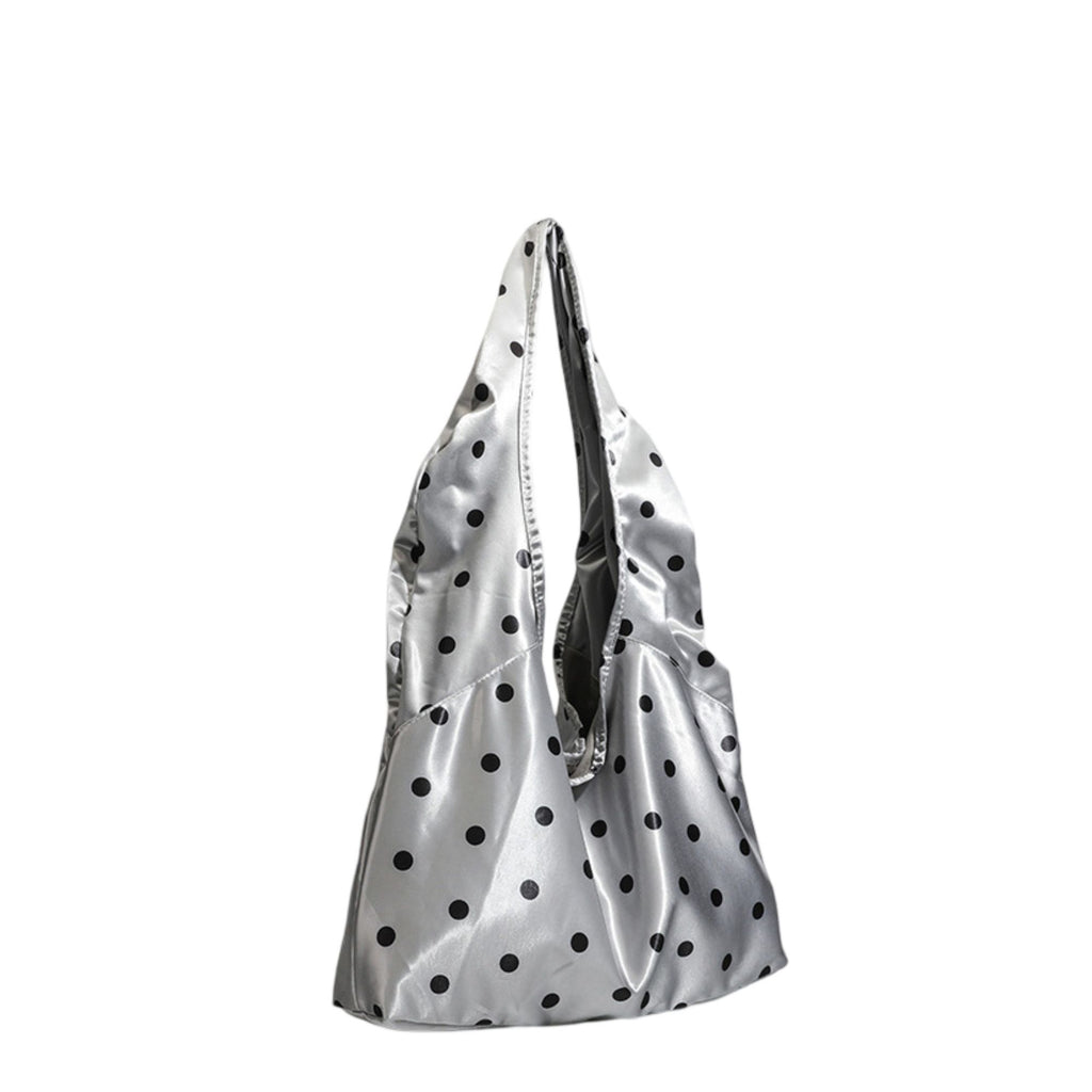 Silver Polka Dot Satin Tote Bag, Lightweight Slouchy Shoulder Bag for Women