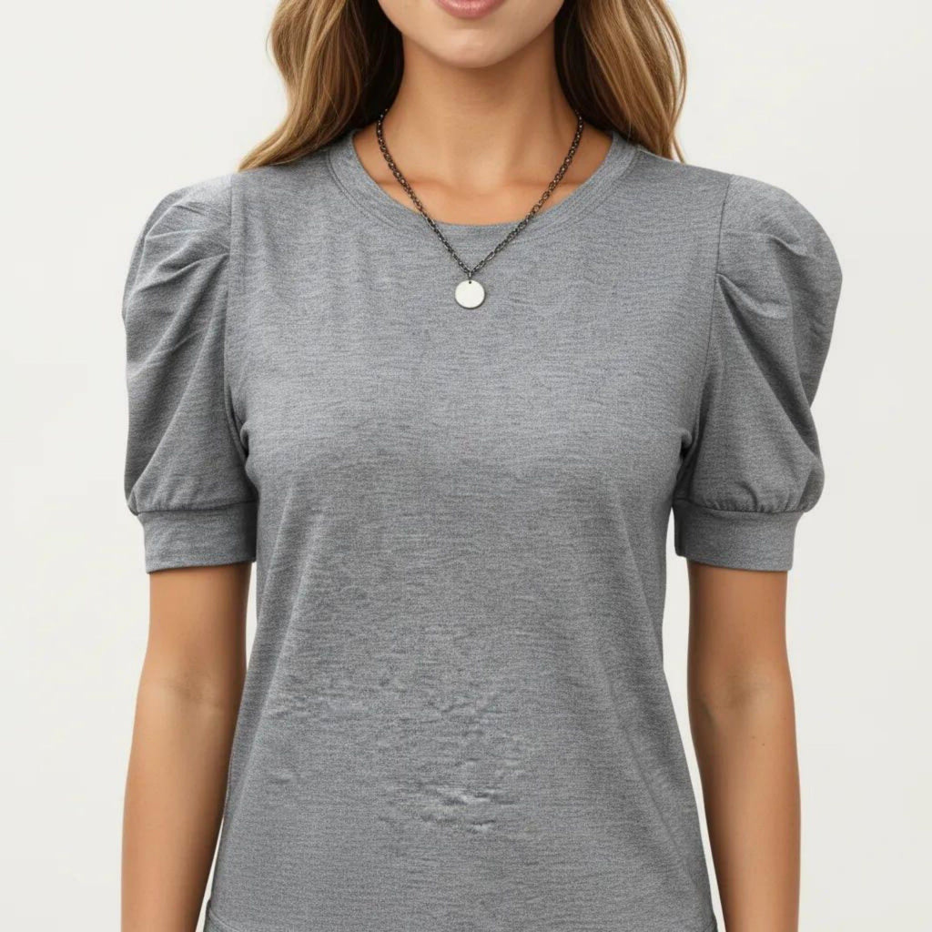 Anna-Kaci Women's Short Sleeve Puff Sleeve Knit Top with Crew Neck and Soft Textured Fabric