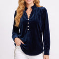 Velvet Ruffle Neck Button Front Long Sleeve Blouse