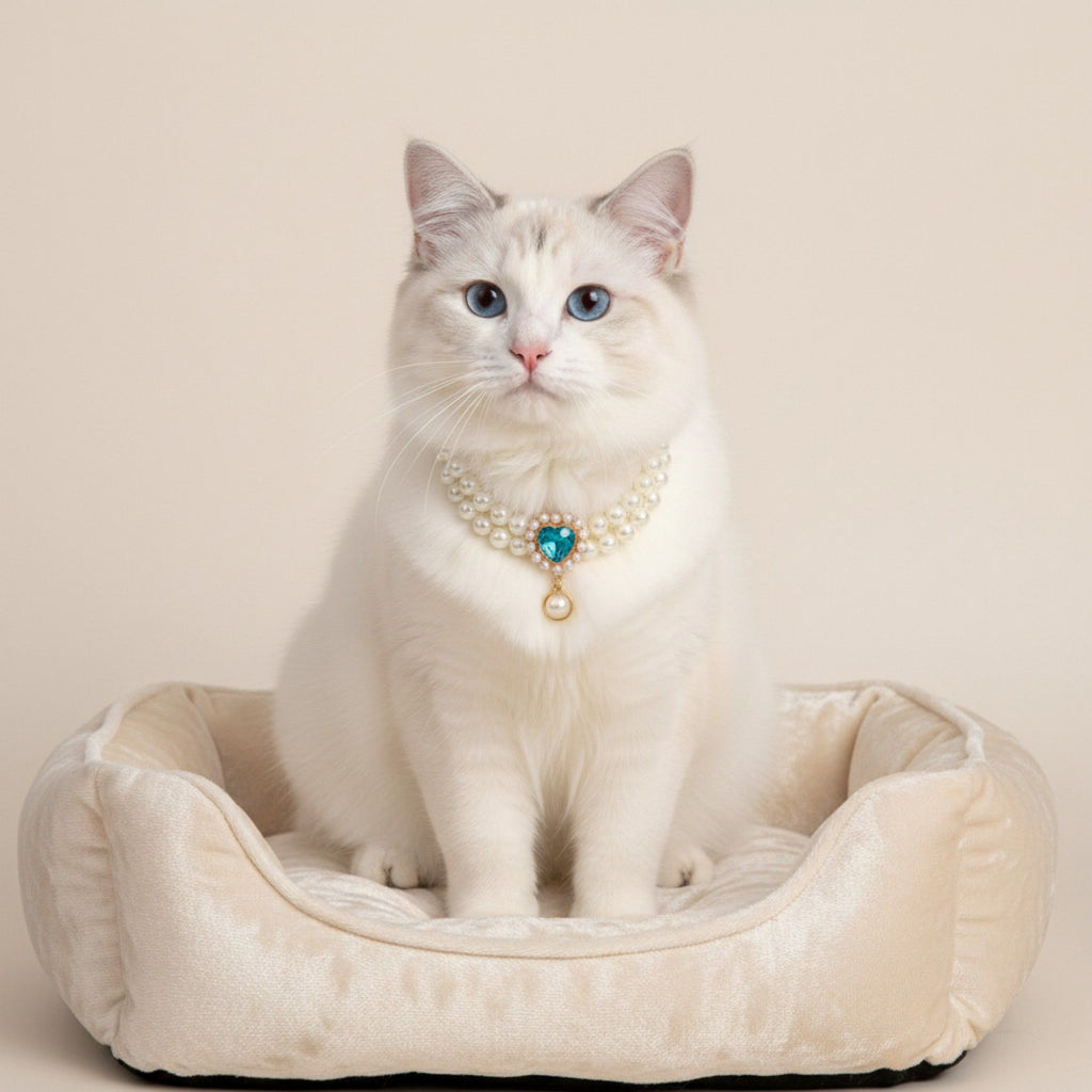 Double Strand Faux Pearl Pet Necklace Heart Gem Pendant Adjustable Collar Jewelry for Cats and Small Dogs