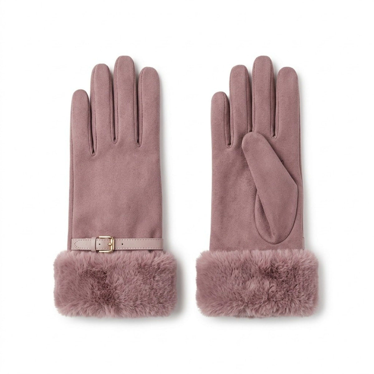 Faux Suede Gloves with Faux Fur Cuff and Buckle Detail 9.9 x 3.9in