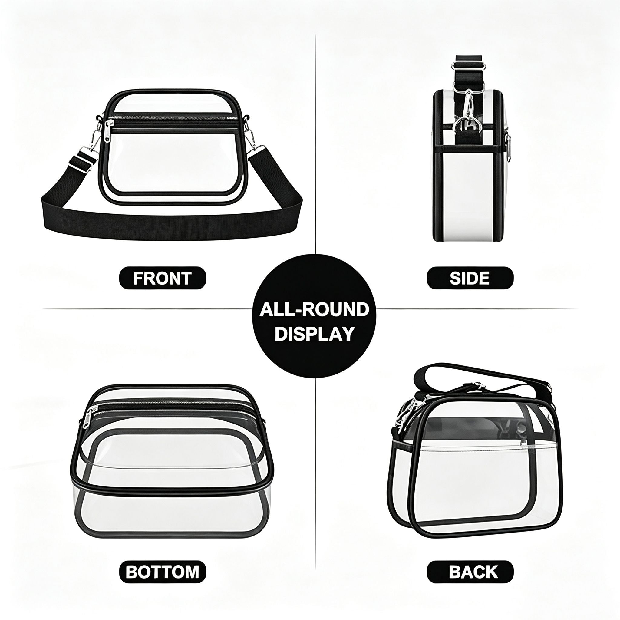 Clear Stadium Crossbody Bag with Front Zipper Pocket, Adjustable Strap and Medium Transparent Design