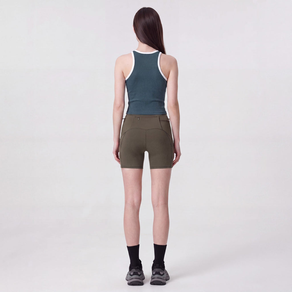 High Waist Ribbed Biker Shorts with Side Pocket and Adjustable Drawcord Detail