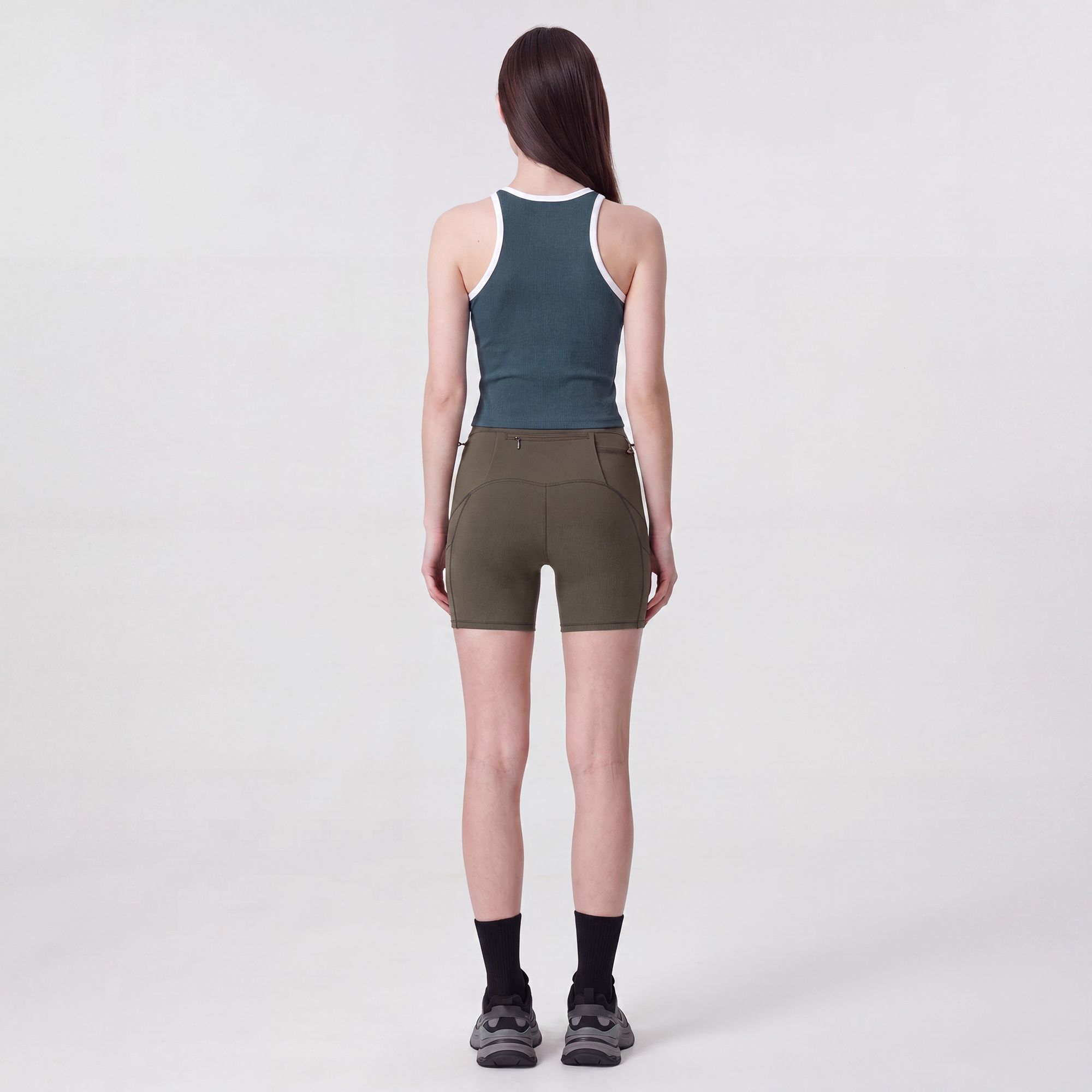 High Waist Ribbed Biker Shorts with Side Pocket and Adjustable Drawcord Detail