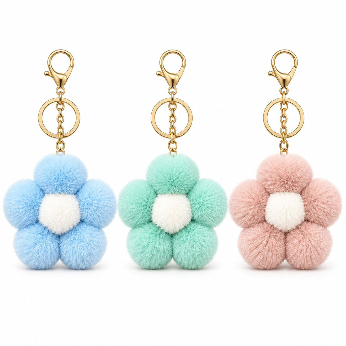 Fluffy Flower Pom Pom Keychain Cute Faux Fur Bag Charm Set