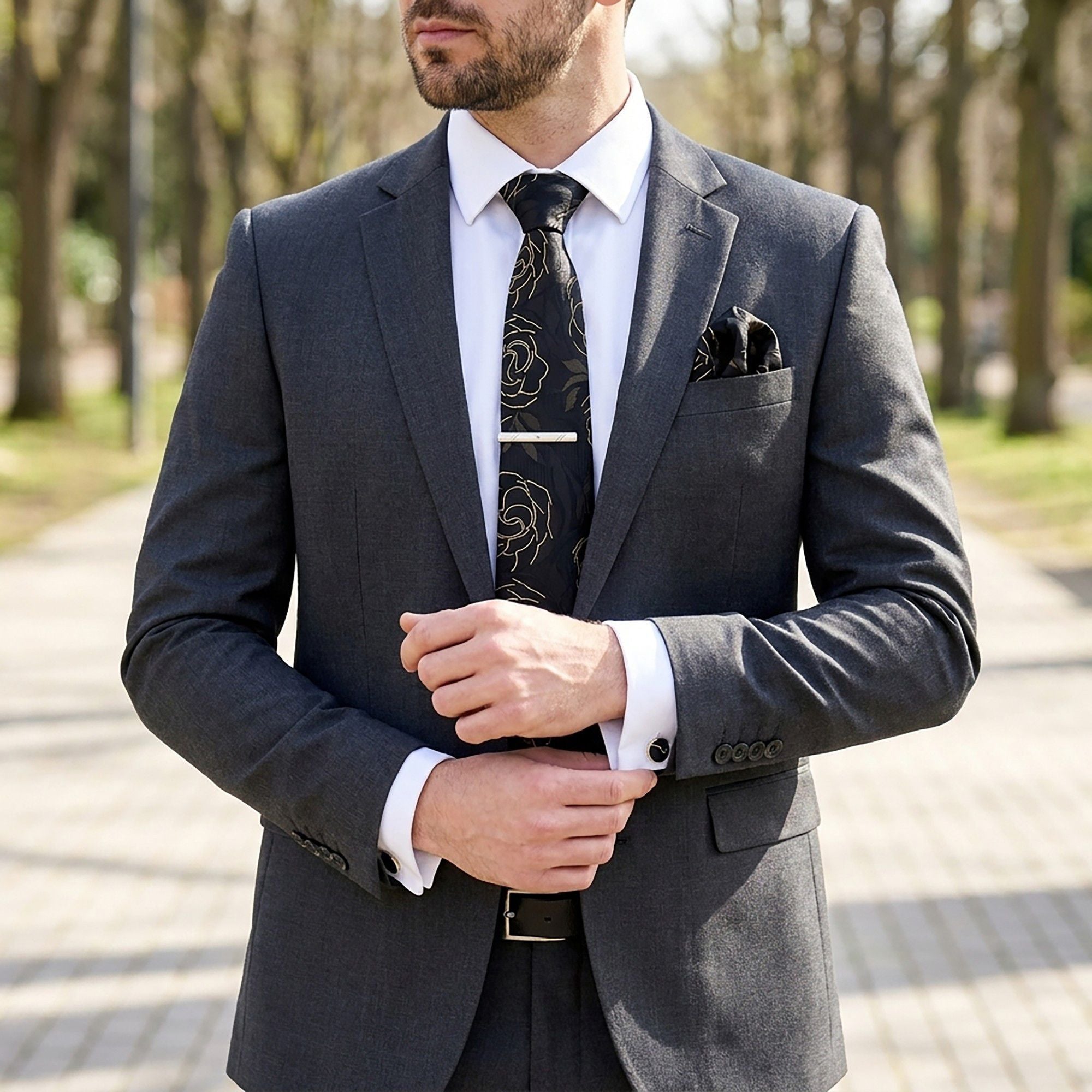 Men's Rose Floral Tie Gift Set with Matching Pocket Square Cufflinks and Silver Tie Clip
