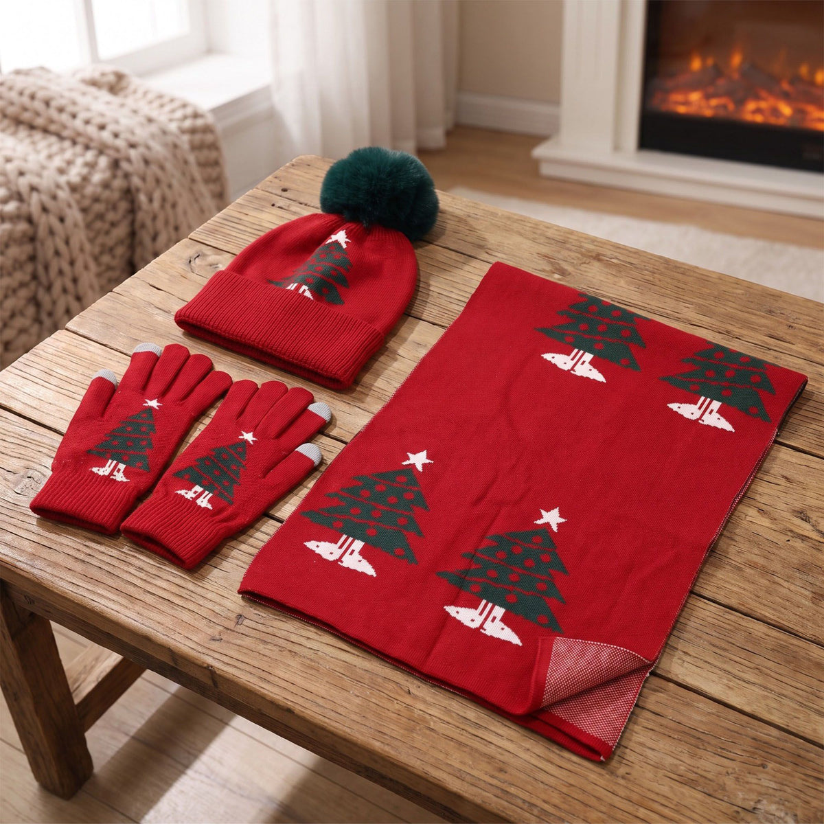 3 Piece Christmas Tree Beanie Scarf and Touchscreen Gloves Set