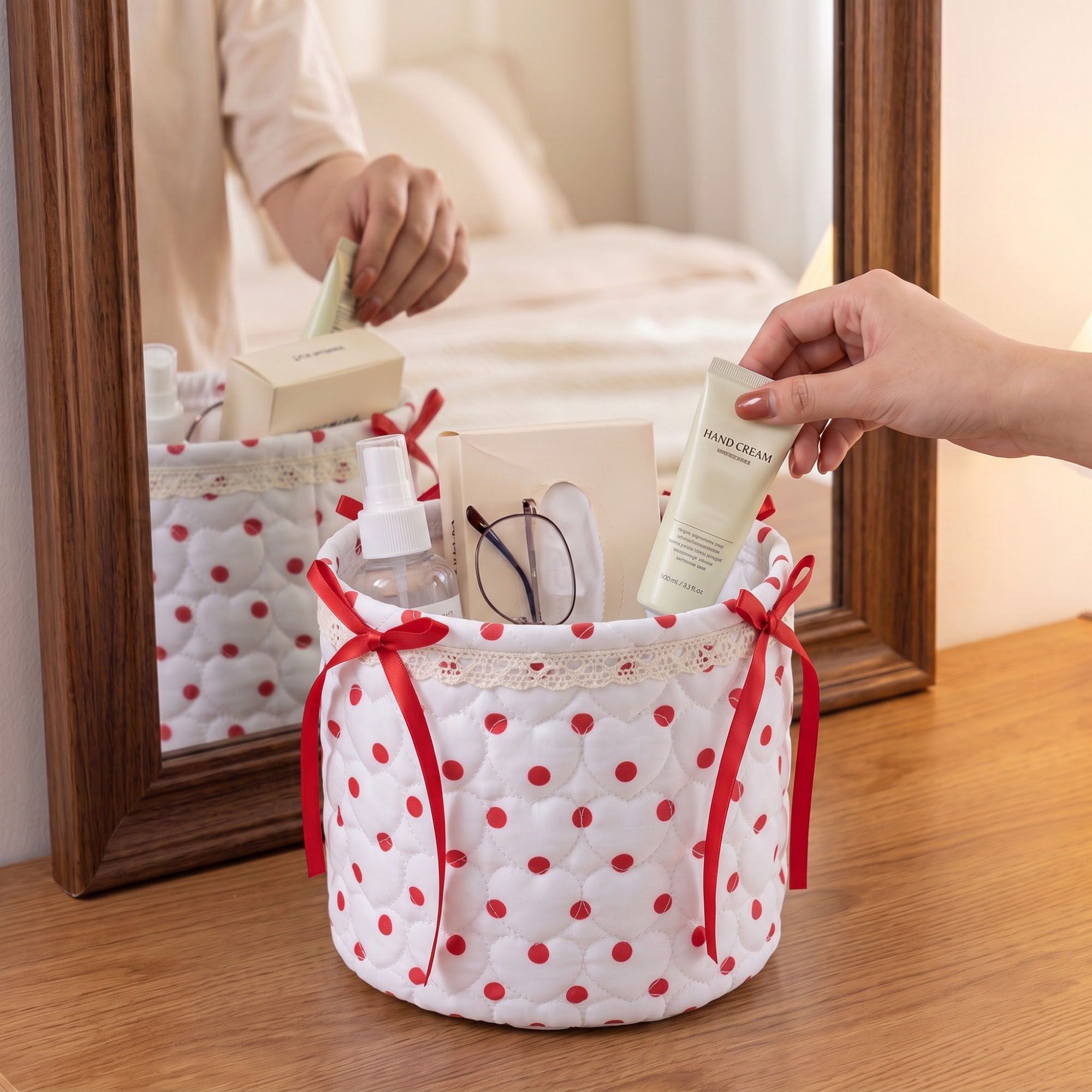 Quilted Heart Polka Dot Storage Bin with Lace Trim & Ribbon Bows