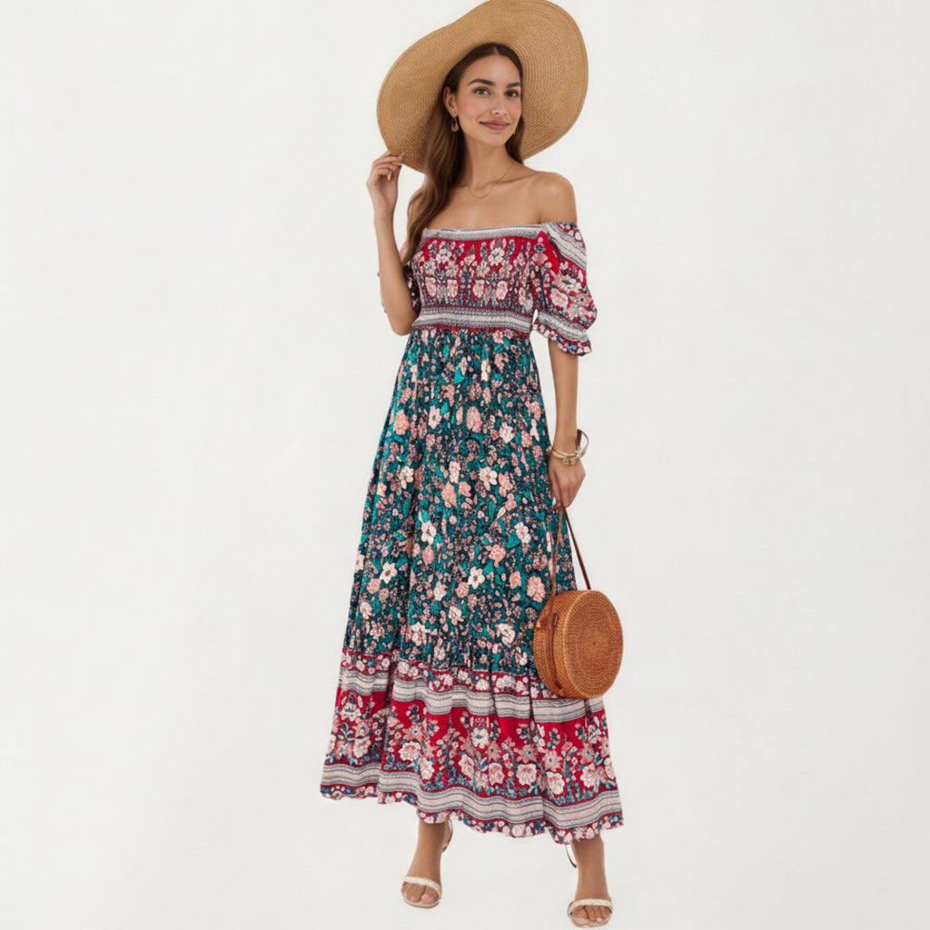 Anna-Kaci Women's Puff Sleeve Maxi Dress with Mixed Floral Print and Border Hem