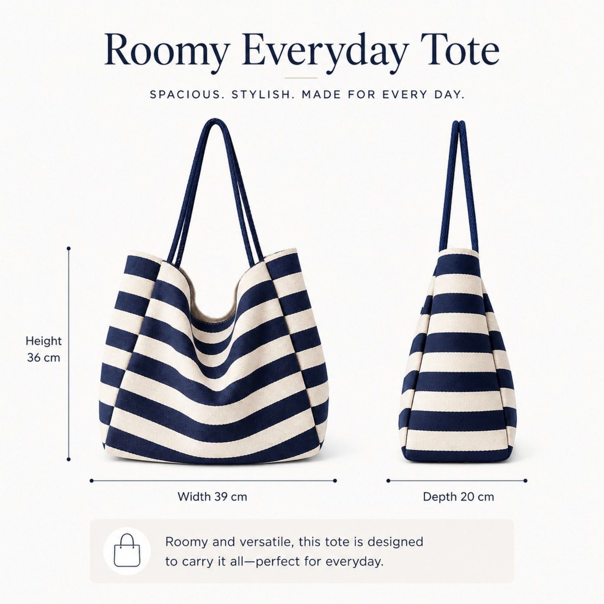 Striped Tote Bag with Large Capacity Soft Shoulder Carry Design