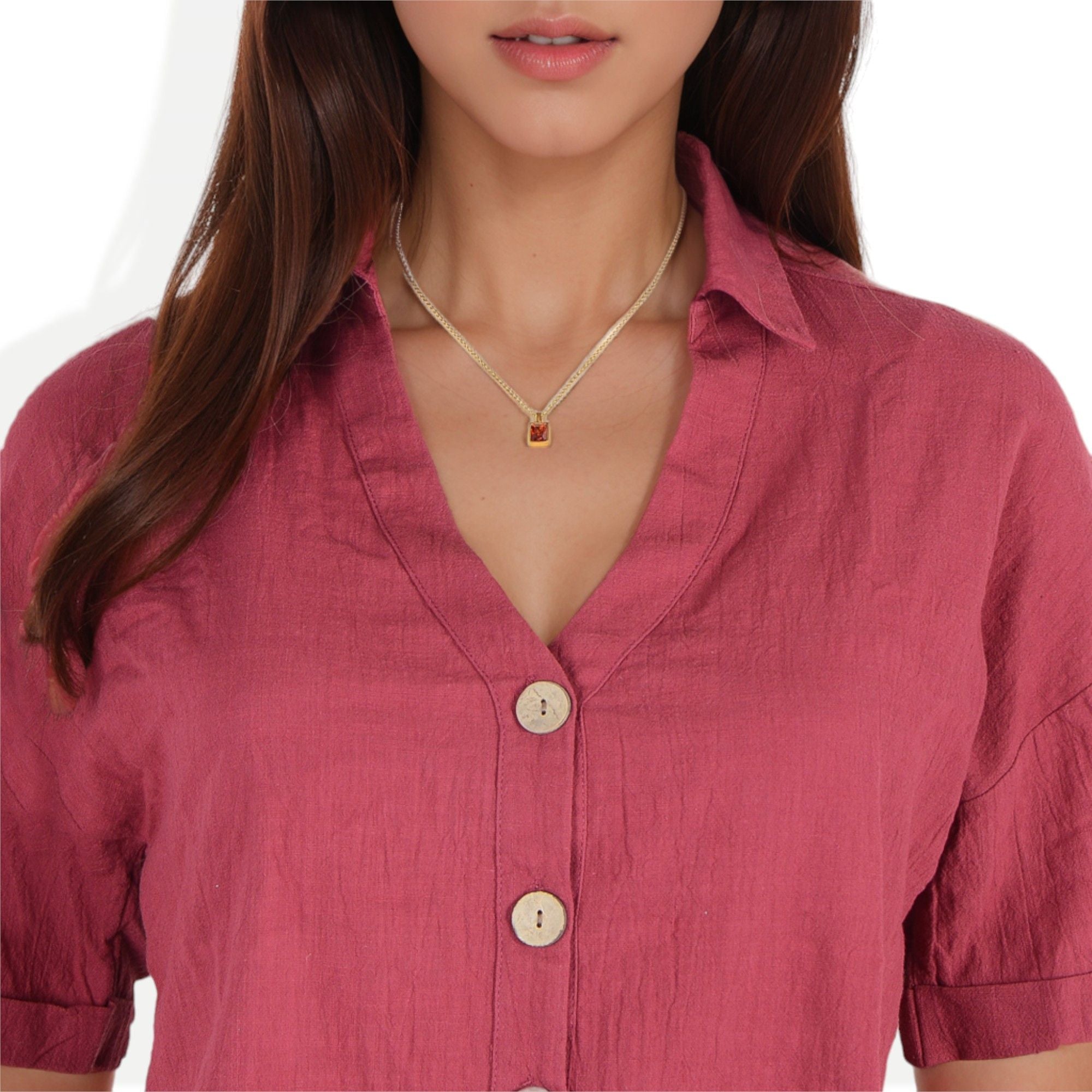 Women's Stainless Steel Fashion Necklace with 18K Gold Plated Pendant, Red Zircon Stone, Adjustable Chain, Modern Design