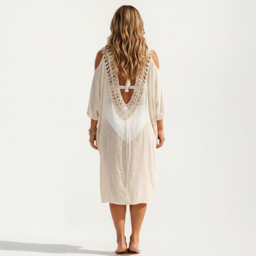 Anna-Kaci Women's Crochet V Neck Swim Cover Up Dress with Cold Shoulder Sleeves and Relaxed Fit