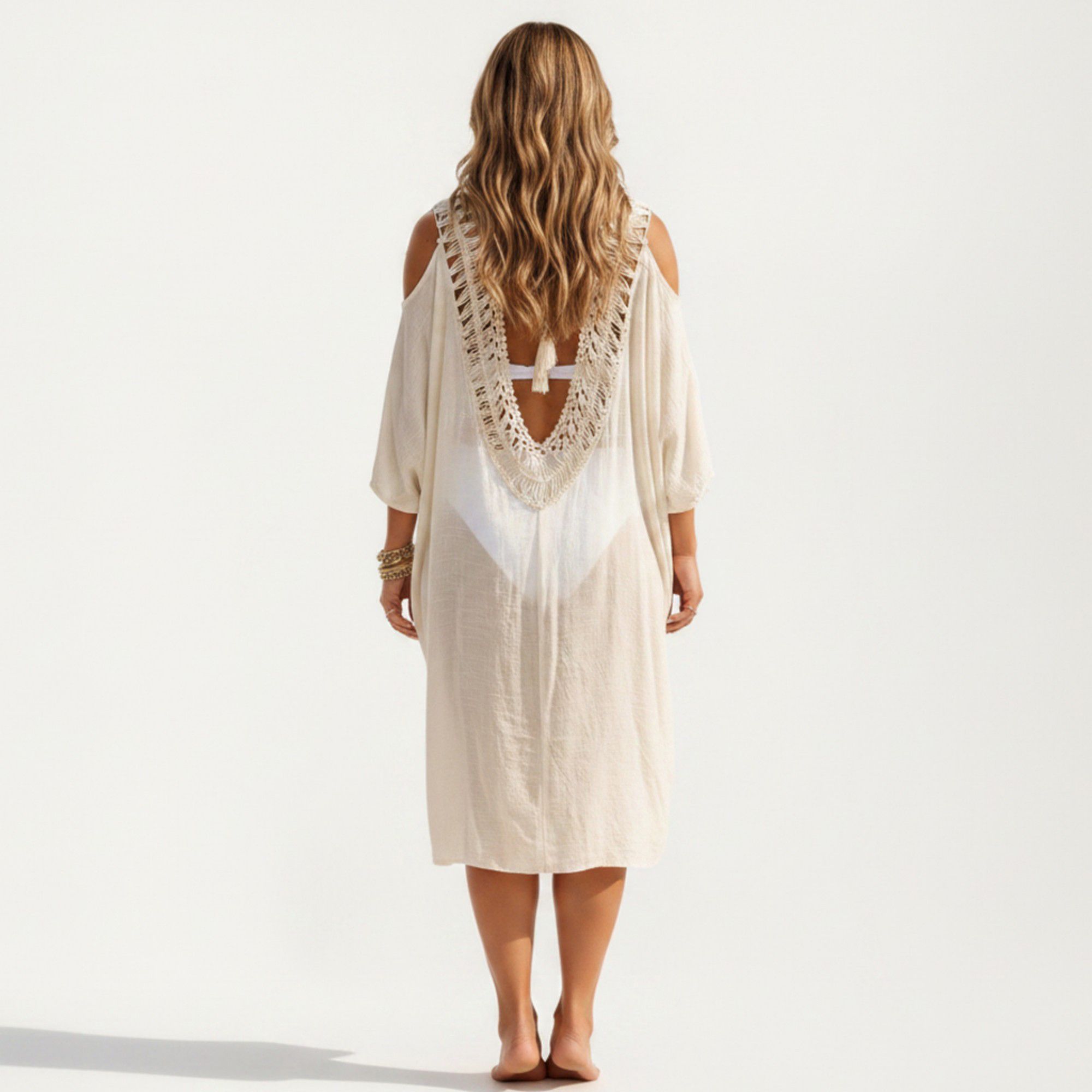 Anna-Kaci Women's Crochet V Neck Swim Cover Up Dress with Cold Shoulder Sleeves and Relaxed Fit