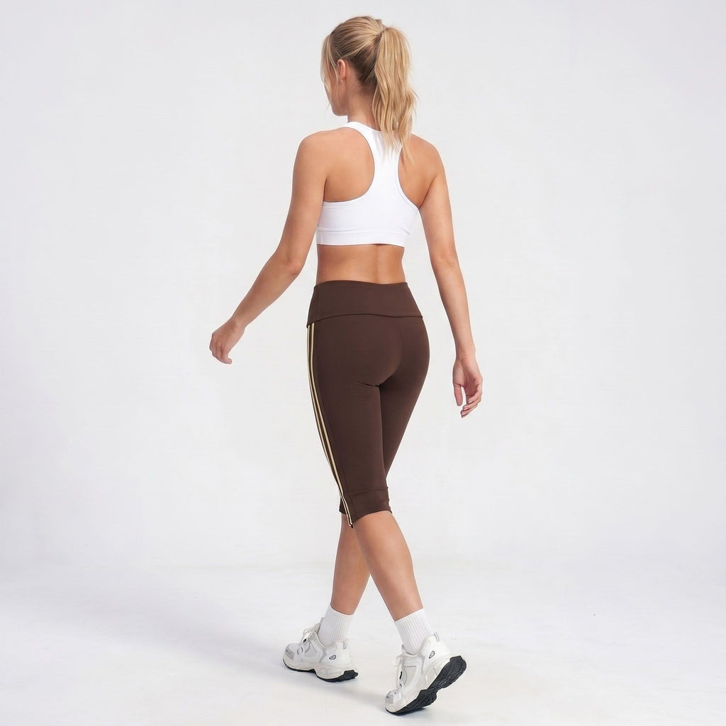 High Waist Side Stripe Capri Leggings Wide Waistband Cropped Workout Yoga Pants