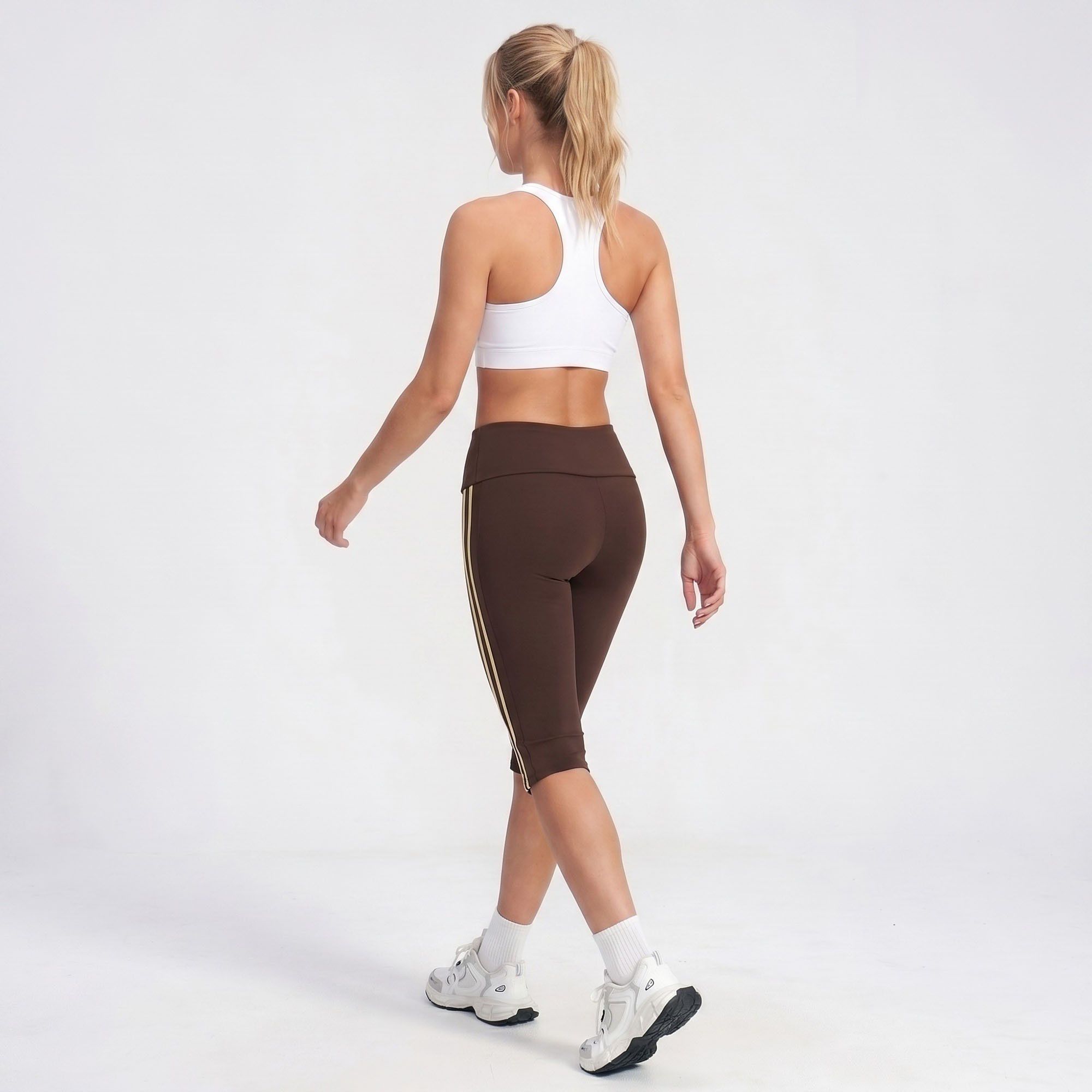 High Waist Side Stripe Capri Leggings Wide Waistband Cropped Workout Yoga Pants