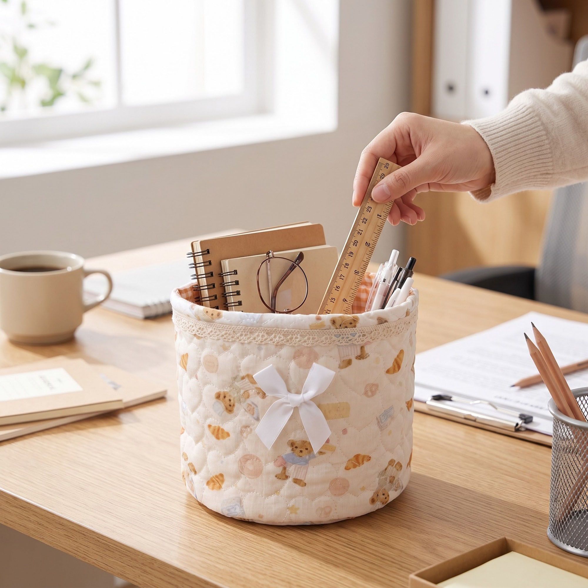 Quilted Round Fabric Storage Basket with Bow and Lace Trim