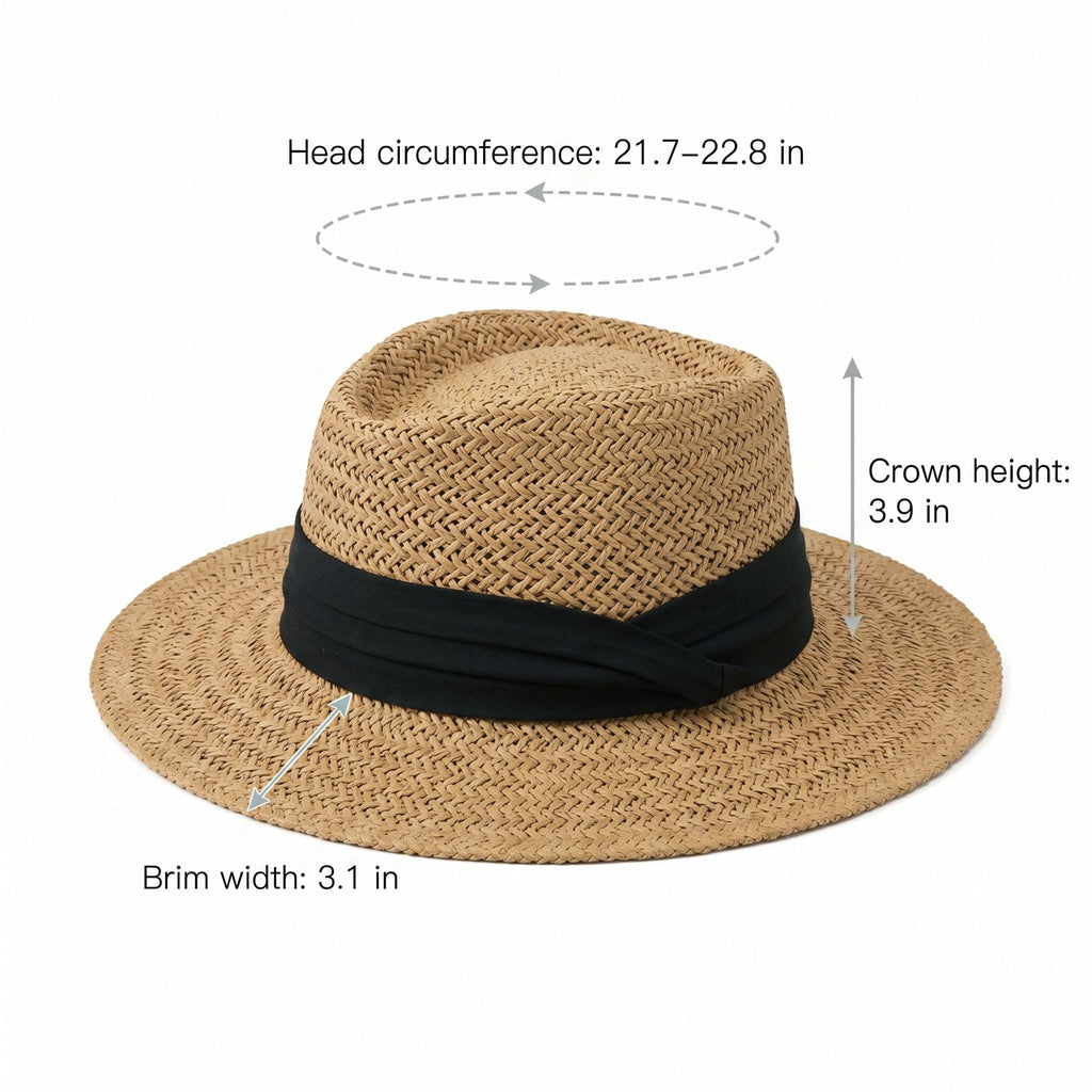 Straw Boater Hat Flat Top Wide Brim Summer Beach Sun Hat Lightweight