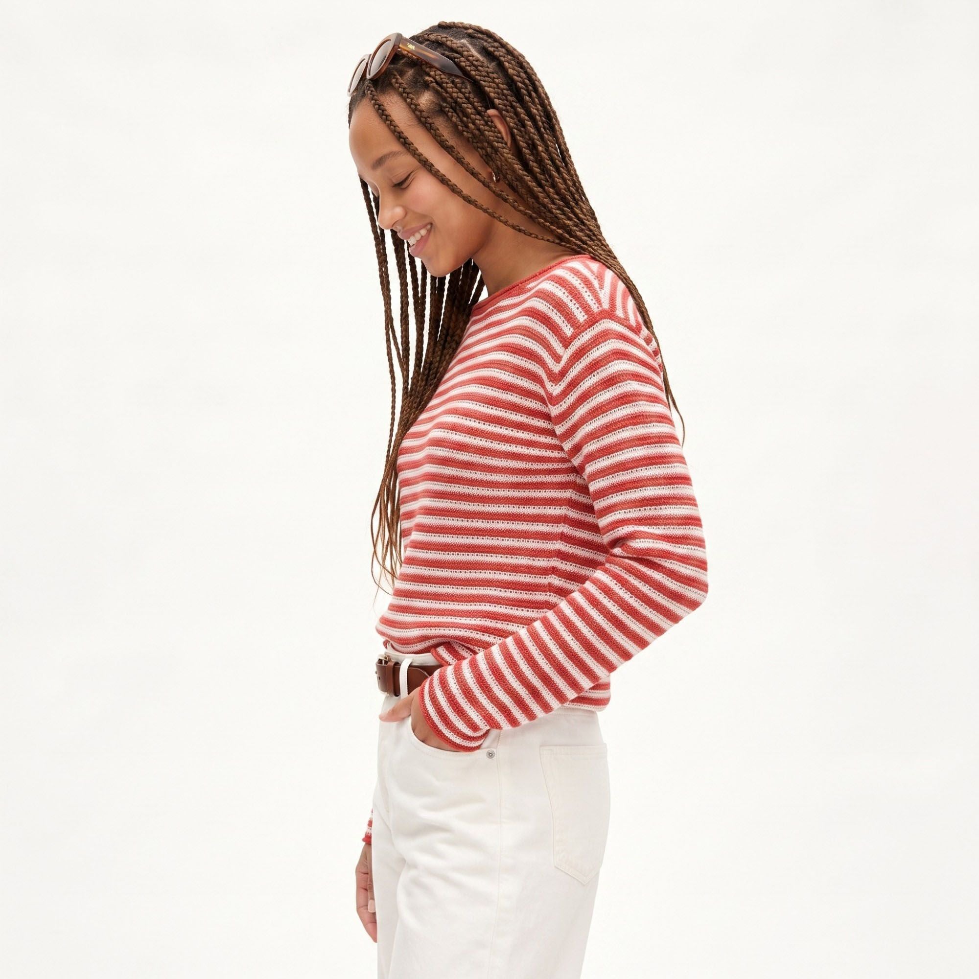 Striped Pointelle Knit Boat Neck Long Sleeve Sweater