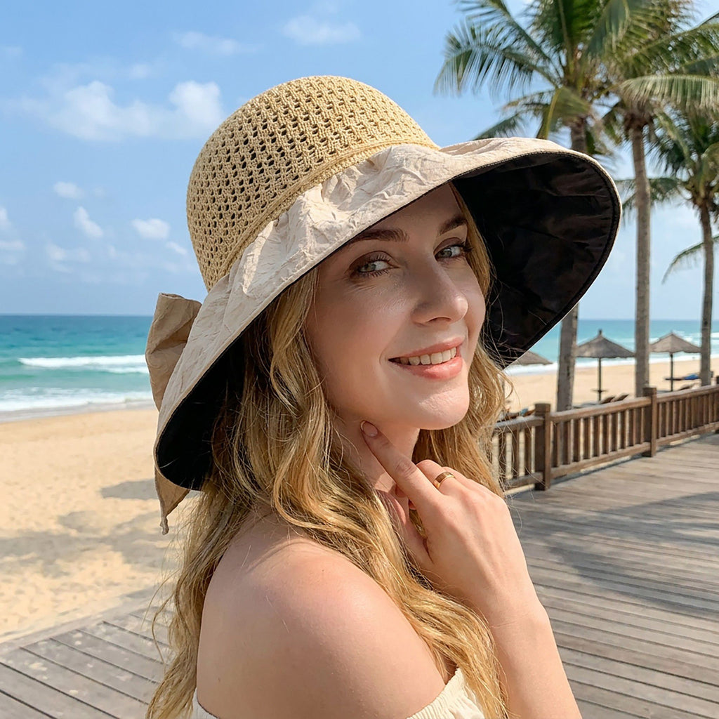 Wide Brim Crochet Sun Hat with Bow Accent and Textured Fabric Brim