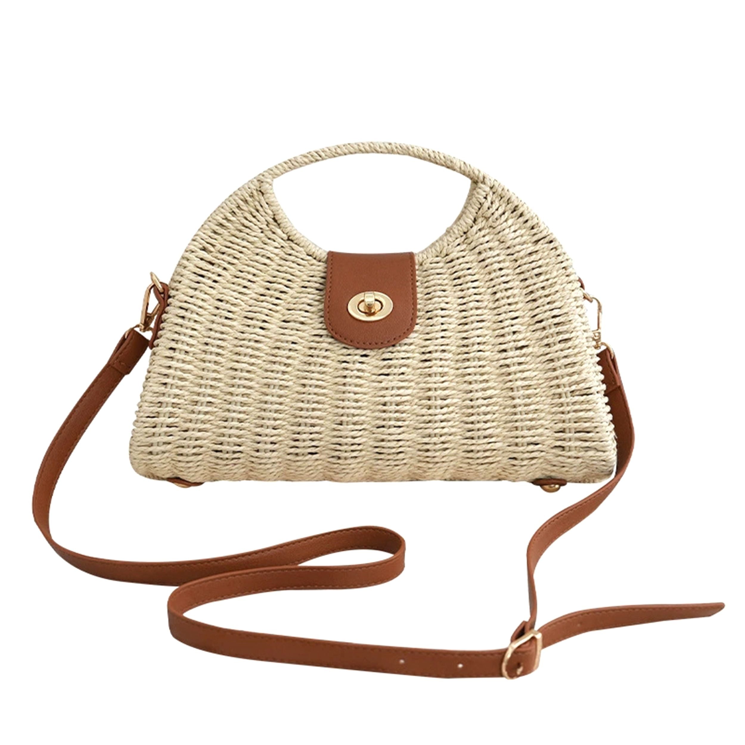 Woven Straw Crossbody Bag with Top Handle Adjustable Strap Crochet Handbag