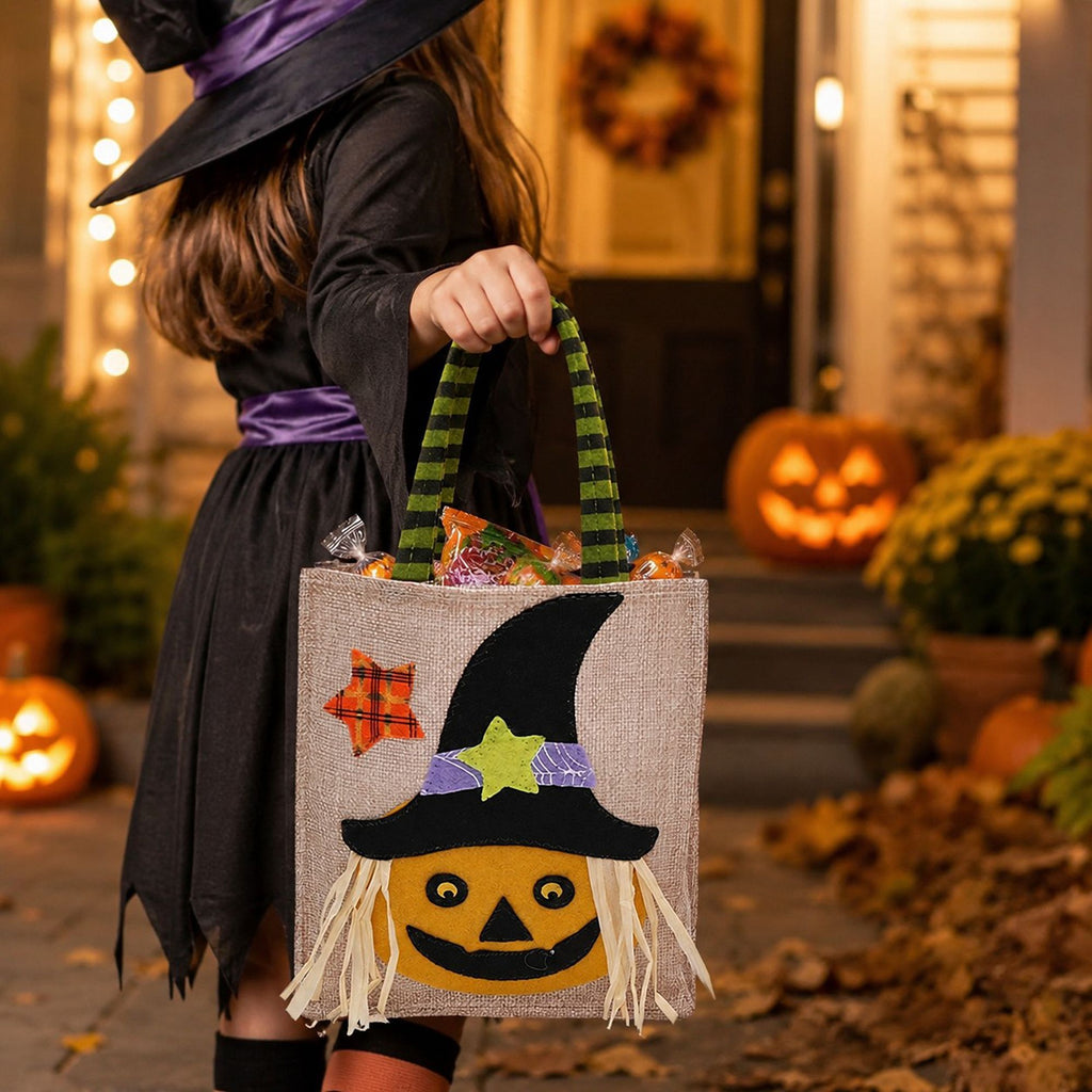 Halloween Burlap Trick or Treat Tote Bag with Character Applique