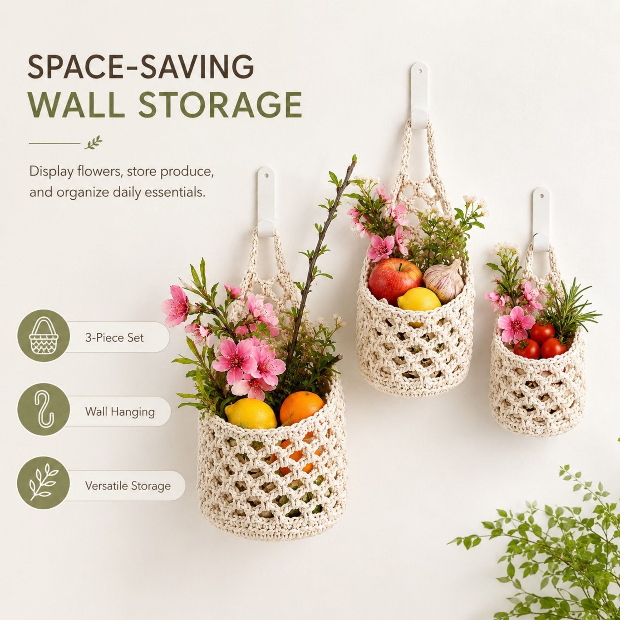 Woven Hanging Basket Set for Fruit Produce and Wall Storage