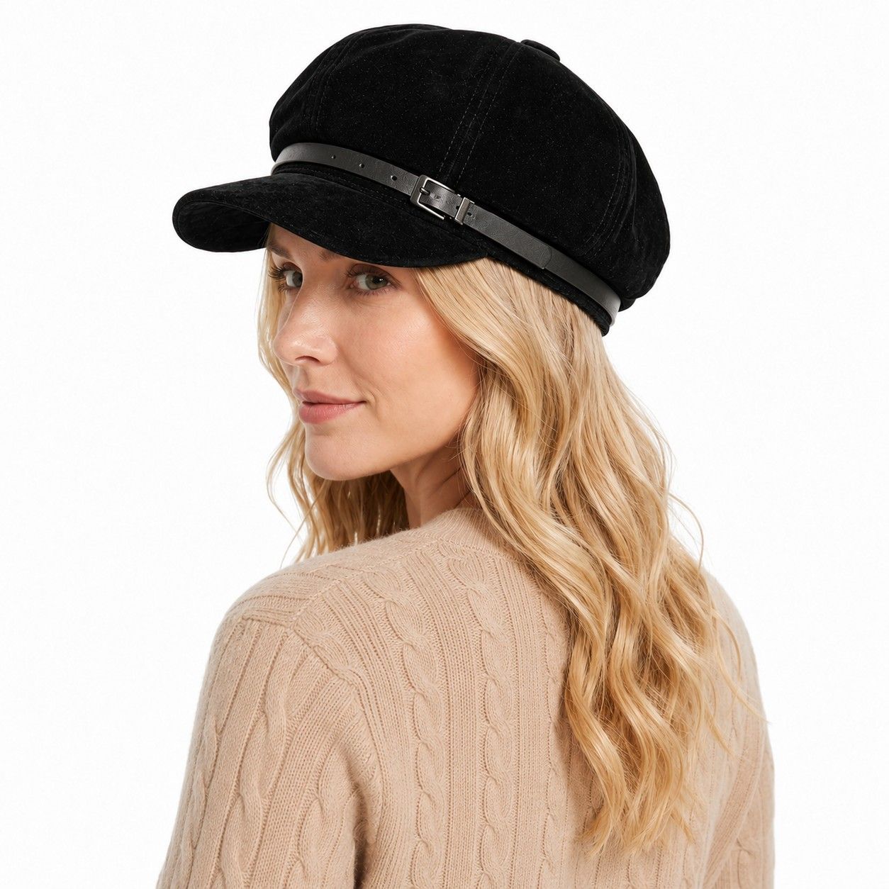Faux Suede Newsboy Cap Vintage Baker Boy Hat with Buckle Band