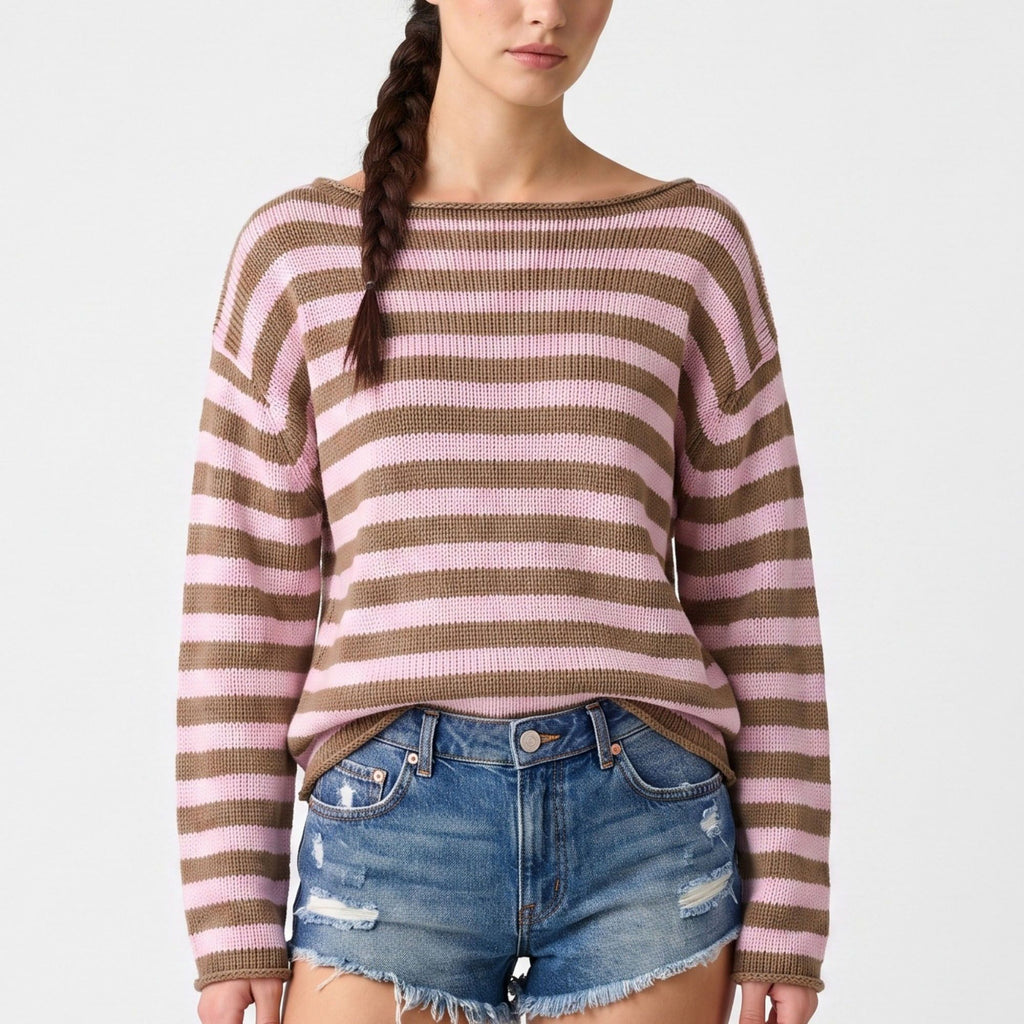 Striped Boat Neck Drop Shoulder Long Sleeve Knit Sweater