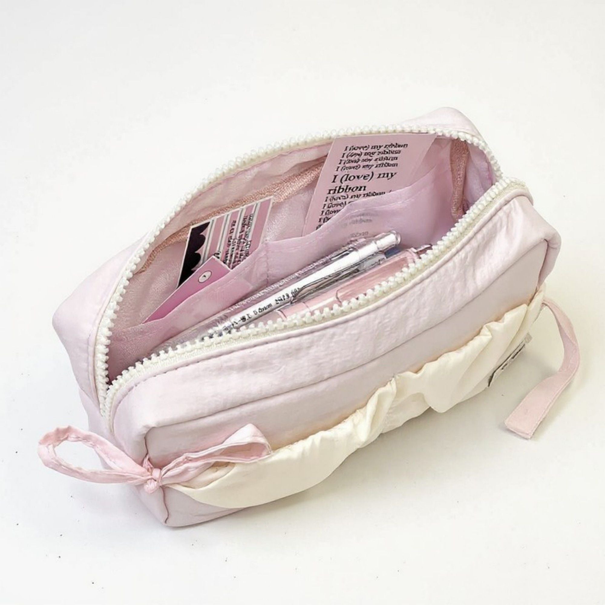 Ruffled Ribbon Zipper Pouch with Dual Compartments and Soft Quilted Texture