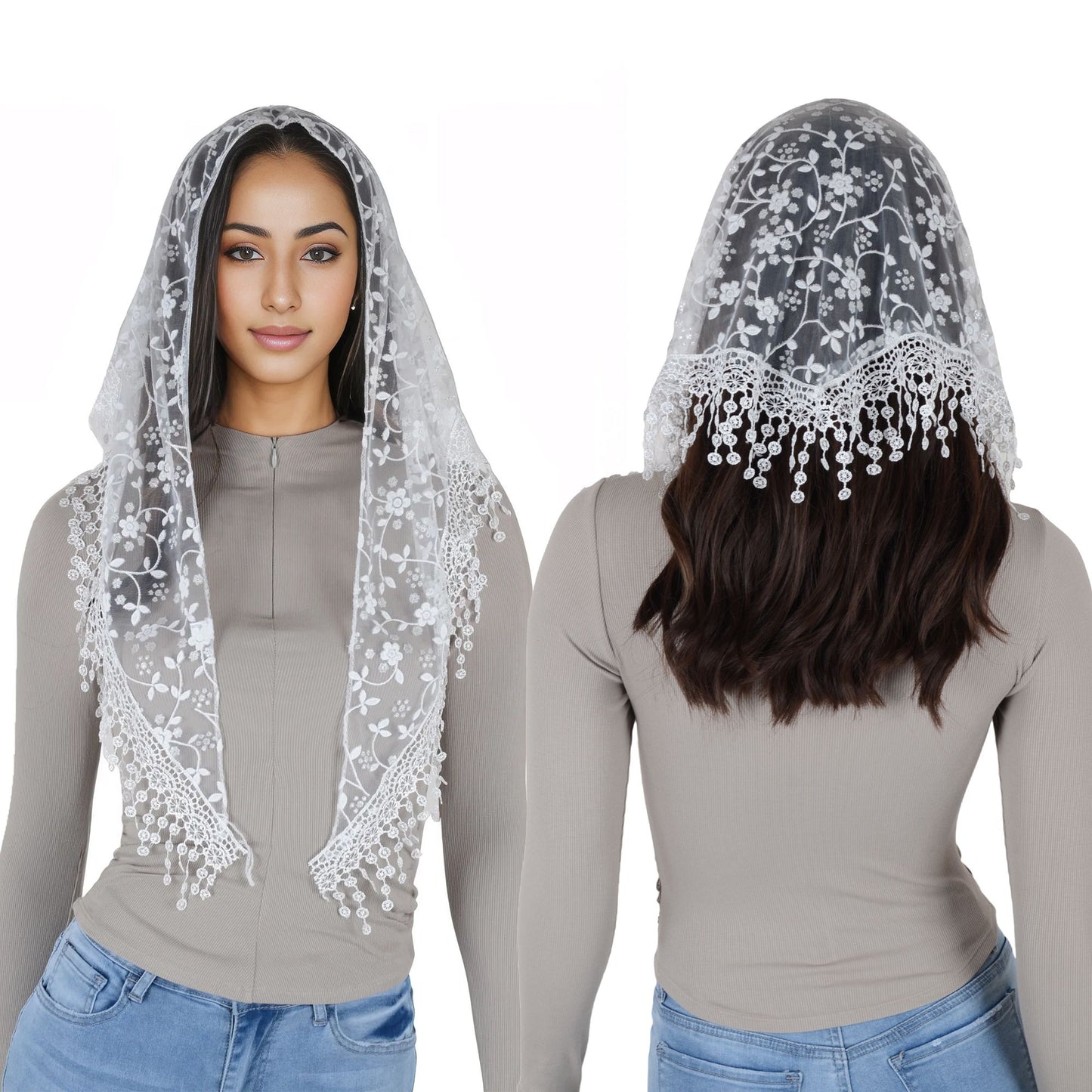 Anna-Kaci Lightweight Lace Floral Head Scarf Fringe Triangular Shawl Scarf Wrap Bandana for Women
