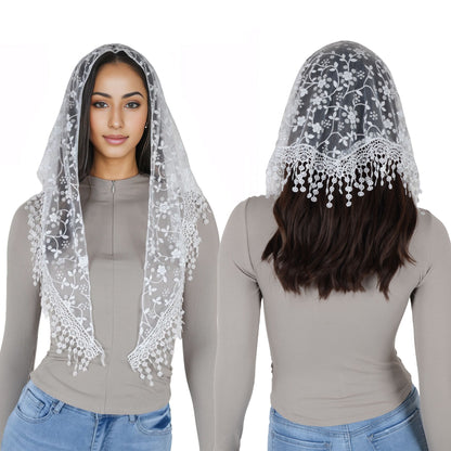 Anna-Kaci Lightweight Lace Floral Head Scarf Fringe Triangular Shawl Scarf Wrap Bandana for Women