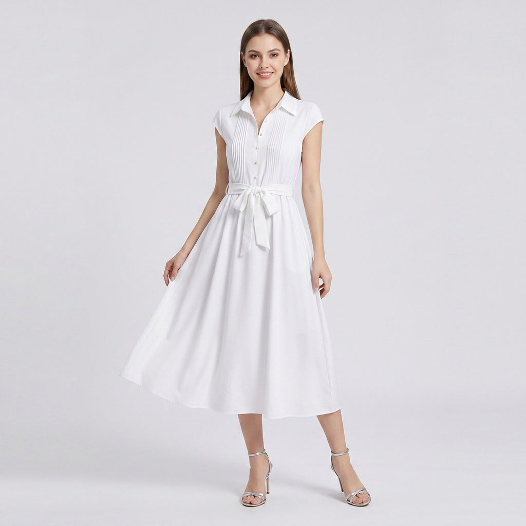 Collared Button Front Cap Sleeve Midi Shirt Dress with Pintuck Bodice Tie Waist and Flowy A Line Skirt