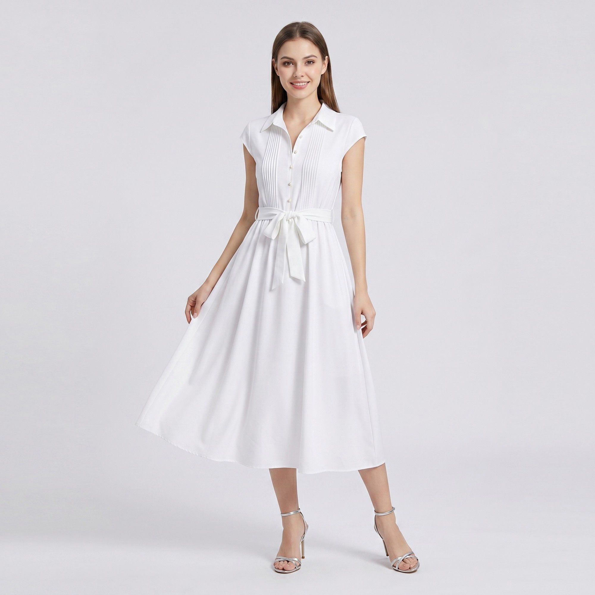 Collared Button Front Cap Sleeve Midi Shirt Dress with Pintuck Bodice Tie Waist and Flowy A Line Skirt
