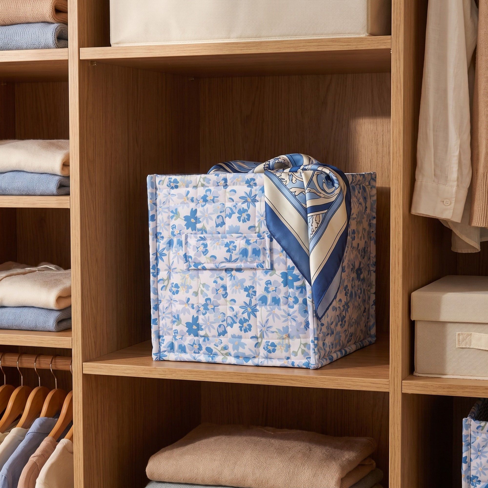 Floral Quilted Fabric Storage Cube Bin with Carry Handles