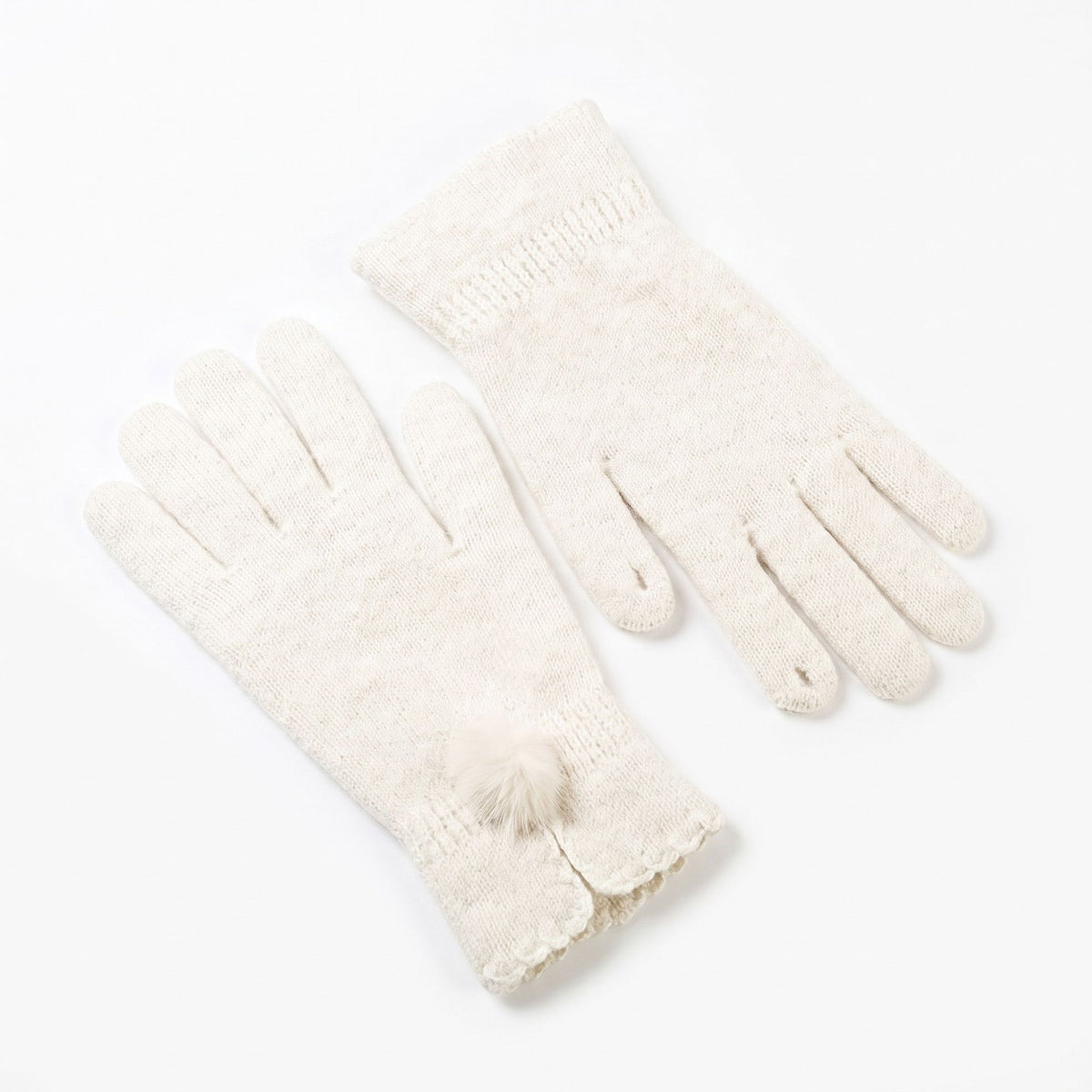 Pom Pom Knit Full Finger Gloves with Scalloped Cuff