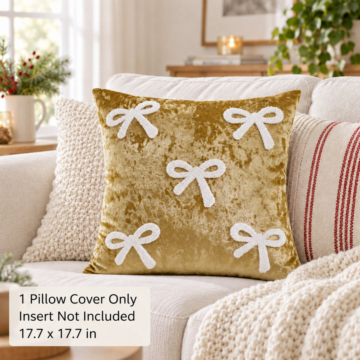 1 Piece Decorative Bow Throw Pillow Cover Soft Velvet Christmas Accent 18 x 18 Inch