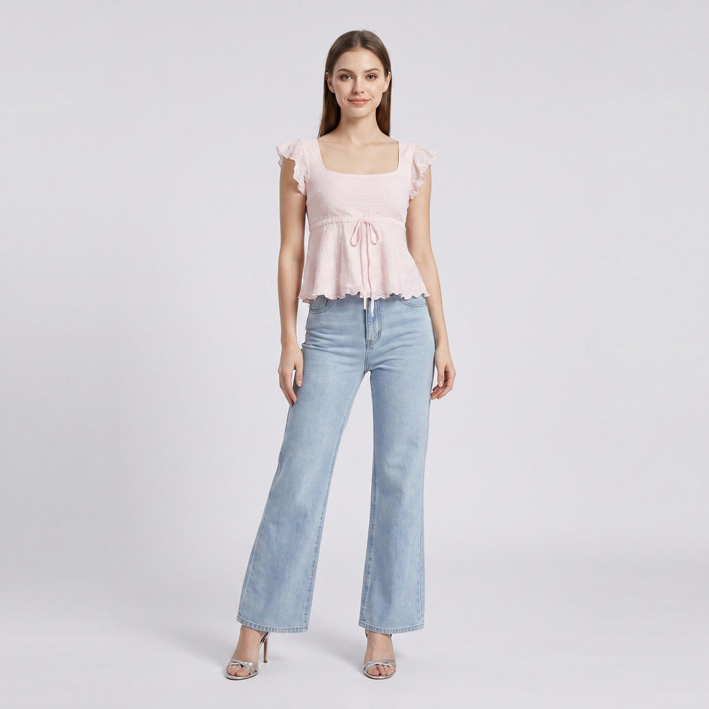 Anna-Kaci Womens Square Neck Peplum Top with Ruffle Cap Sleeves Front Tie Detail and Textured Fabric