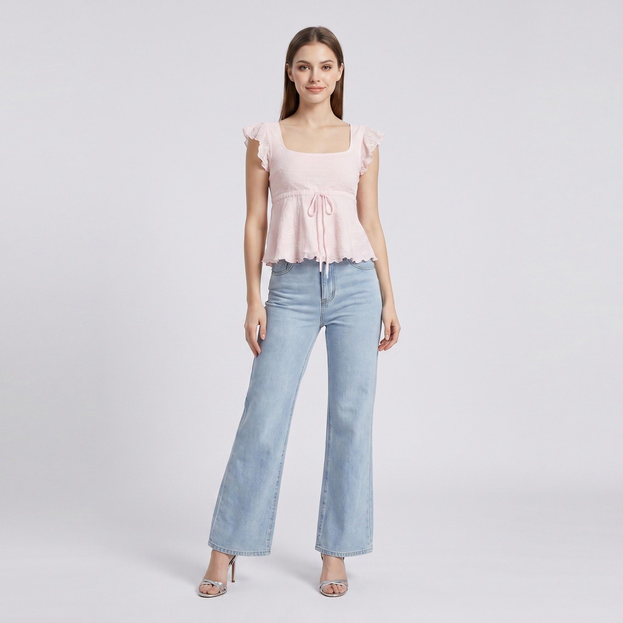 Anna-Kaci Womens Square Neck Peplum Top with Ruffle Cap Sleeves Front Tie Detail and Textured Fabric
