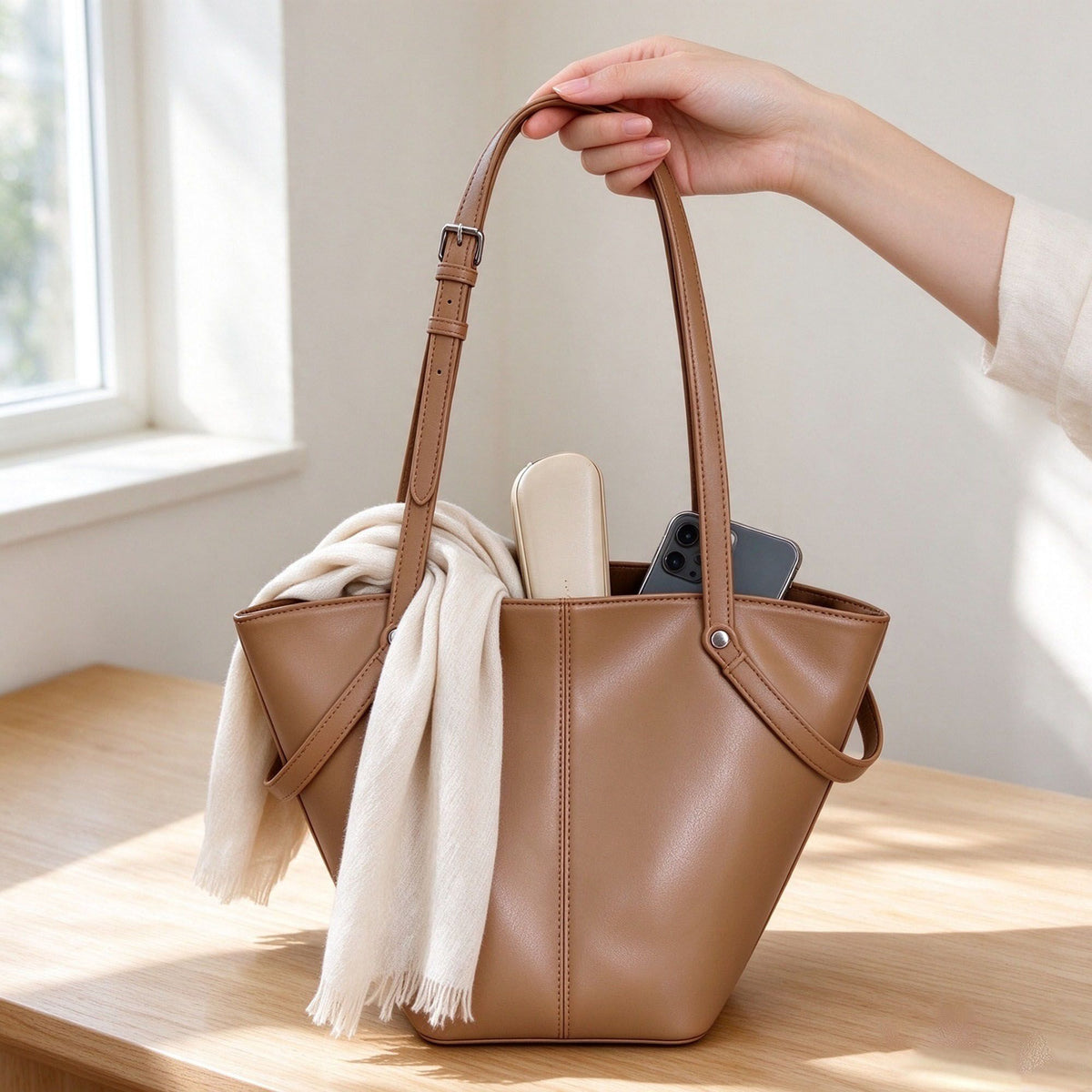 Structured Tote Shoulder Bag with Adjustable Straps and Interior Pockets