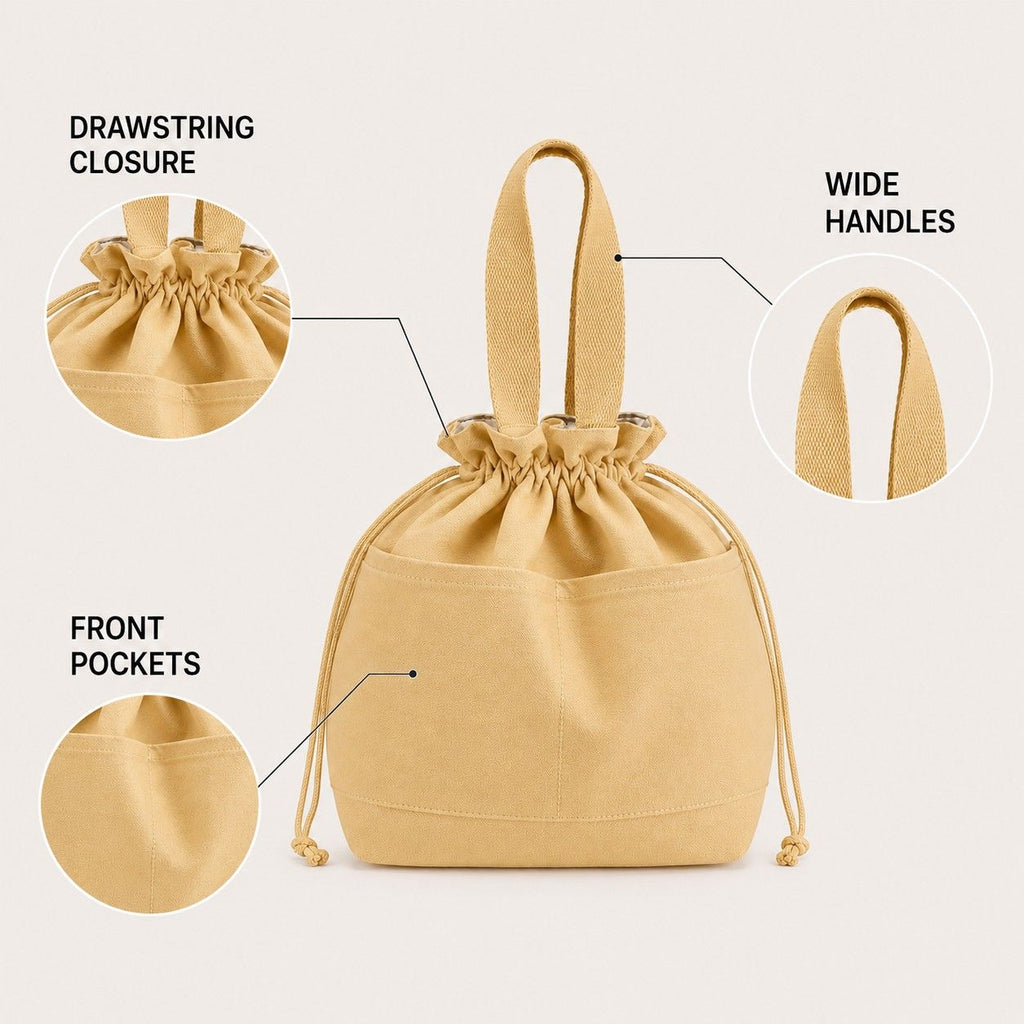 Insulated Drawstring Lunch Bag with Front Pockets Reusable Lunch Tote