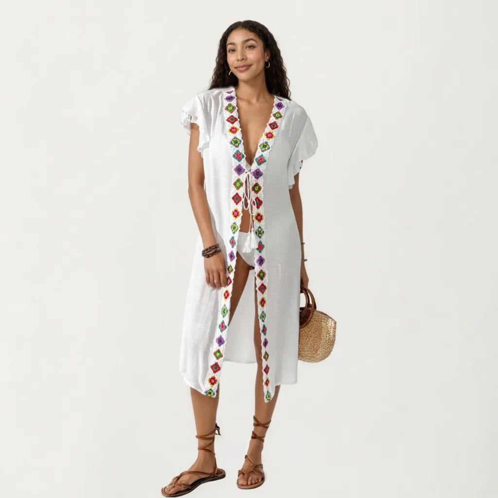 Anna-Kaci Women's Embroidered Open Front Swim Cover Up Kimono Midi Beach Cardigan with Tassel Tie Detail