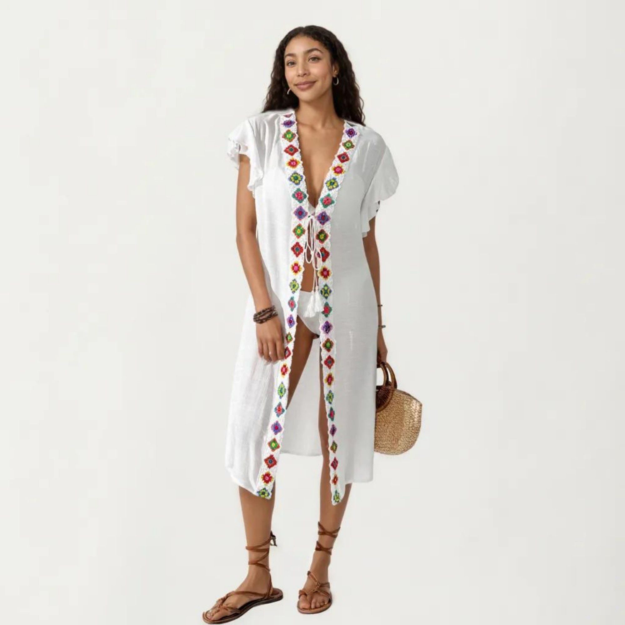 Anna-Kaci Women's Embroidered Open Front Swim Cover Up Kimono Midi Beach Cardigan with Tassel Tie Detail