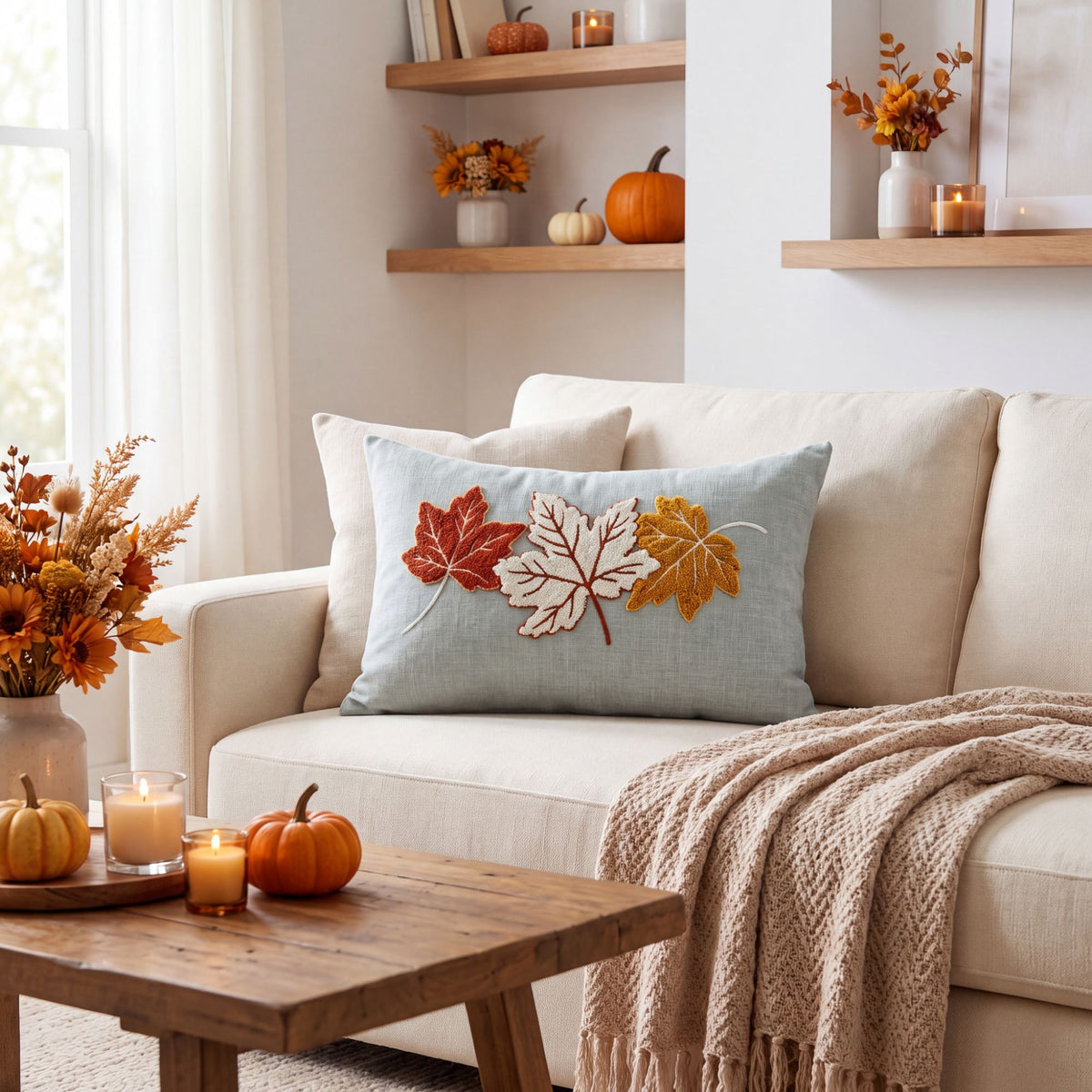 Fall Maple Leaf Textured Lumbar Throw Pillow Cover Autumn Sofa Bed Decor