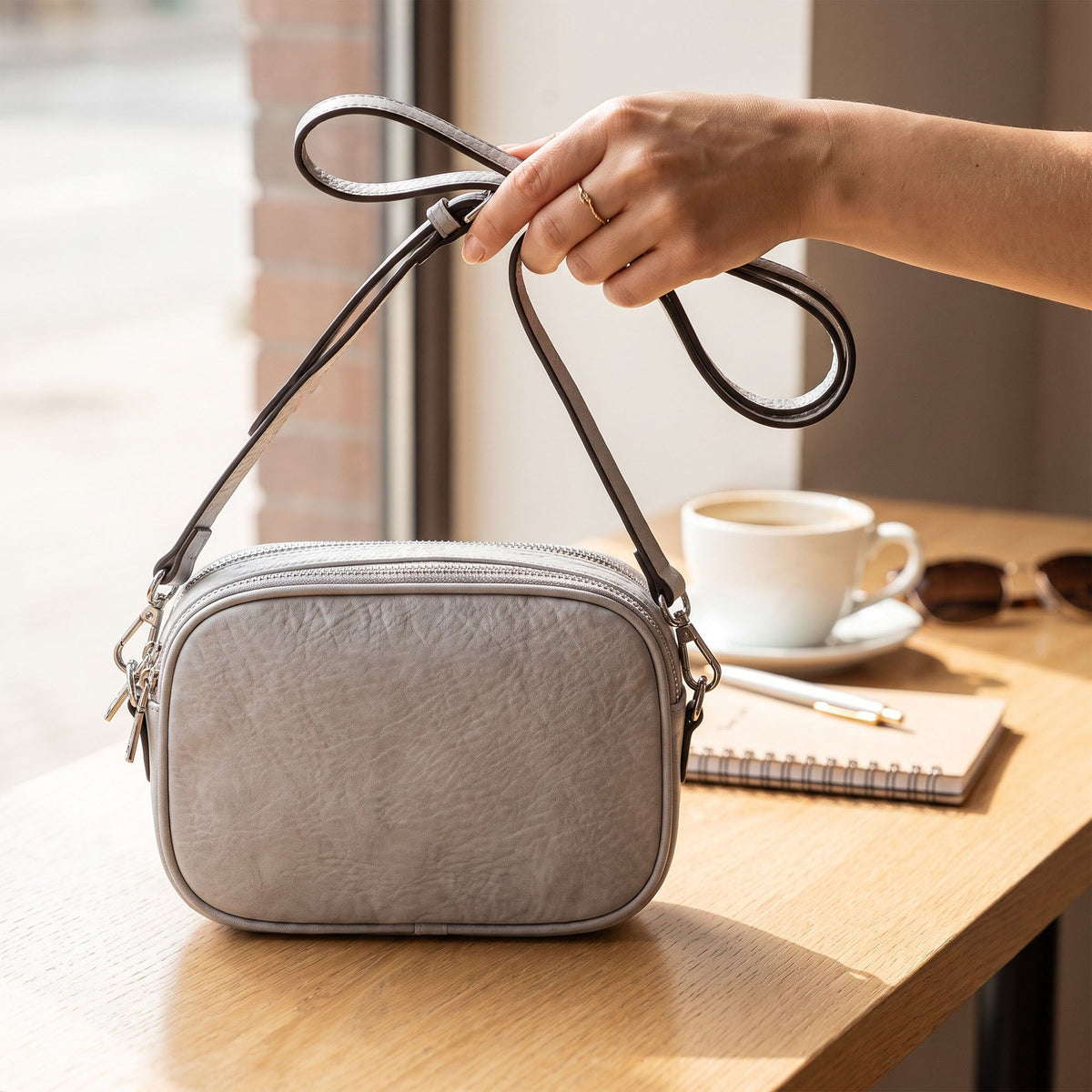 Small Textured Crossbody Bag with Double Zipper Adjustable Strap