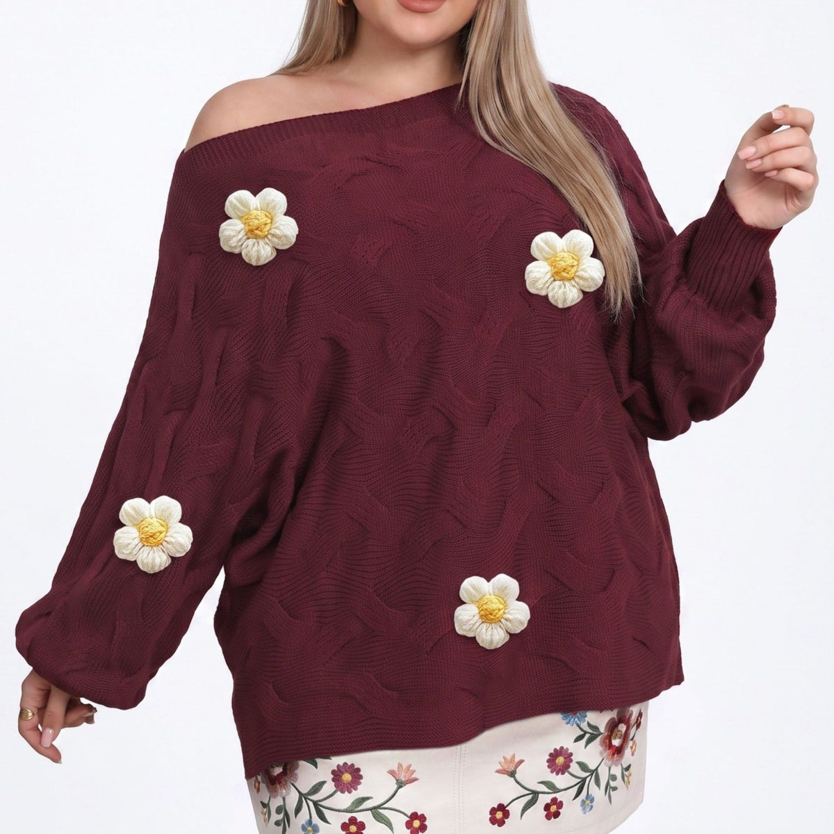 Plus Size Burgundy Off-Shoulder Floral Cable Knit Sweater