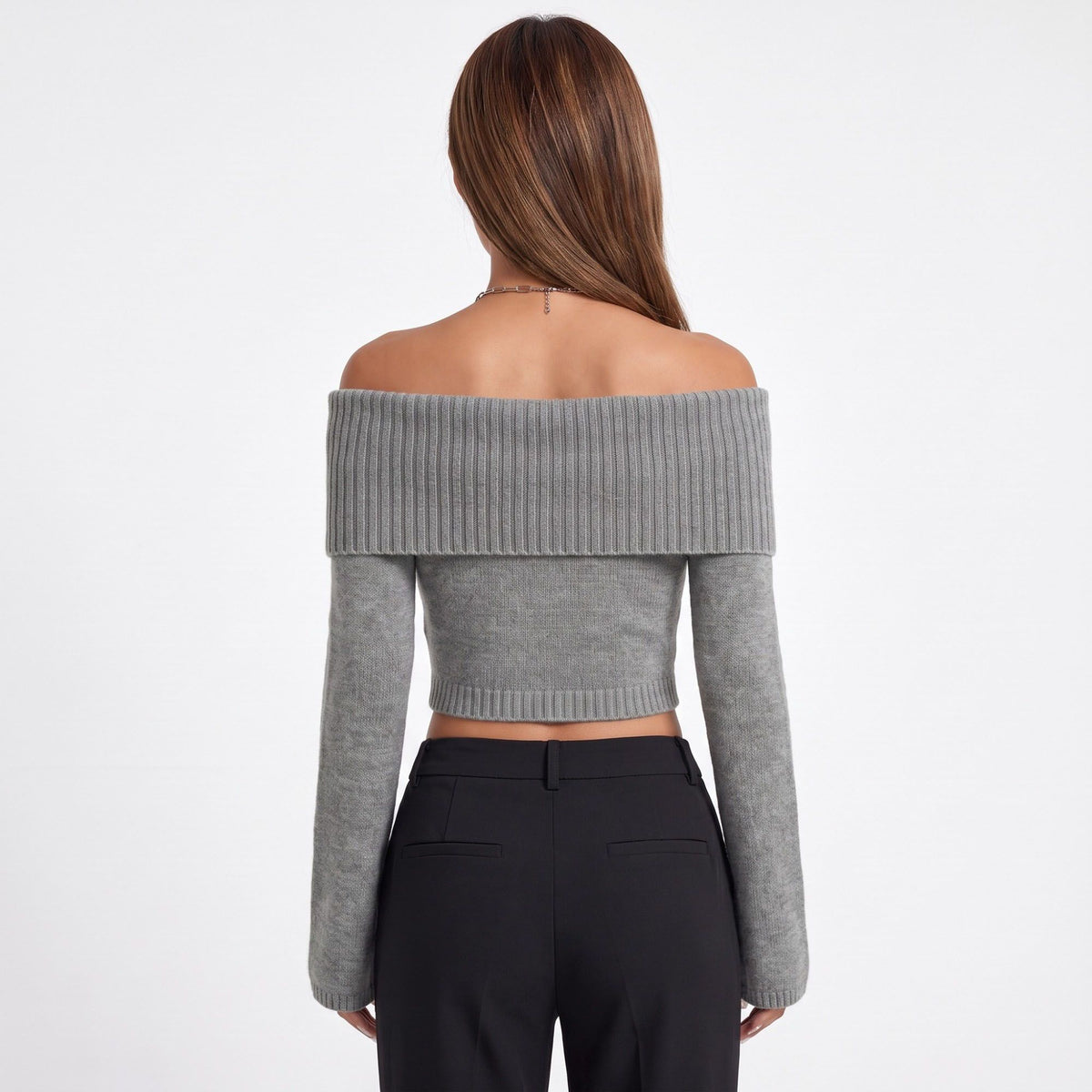 Off Shoulder Foldover Cropped Knit Sweater