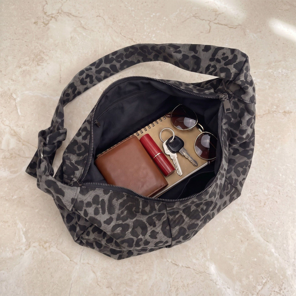 Leopard Print Shoulder Bag with Knotted Strap and Zipper Closure