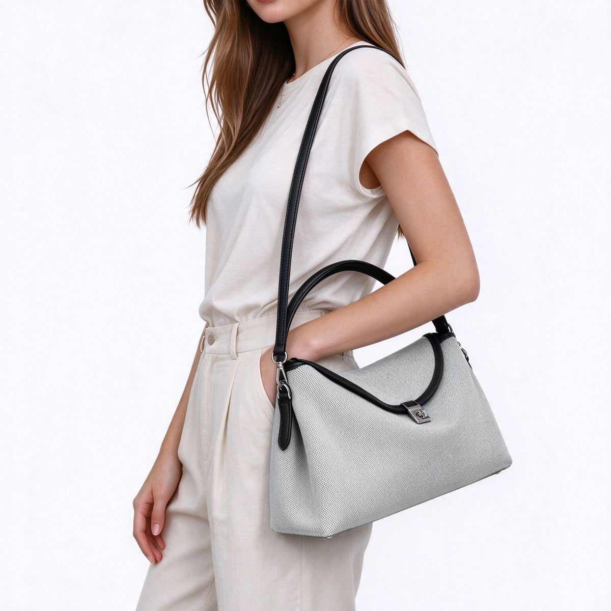 Structured Shoulder Bag with Top Handle Turn Lock and Crossbody Strap