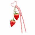 3D Strawberry Bag Charm Keychain with Heart Clasp and Braided Cord Tails