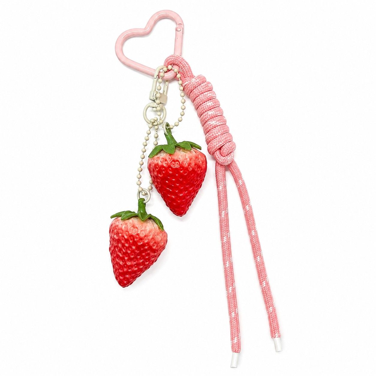 3D Strawberry Bag Charm Keychain with Heart Clasp and Braided Cord Tails